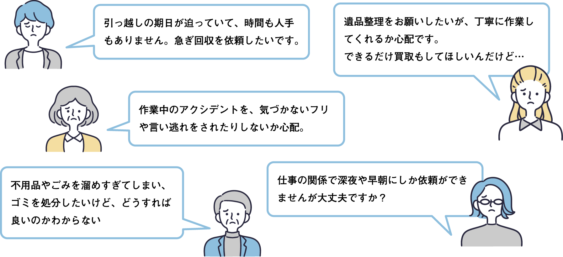 引っ越しの期日が迫っていて、時間も人手もありません。急ぎ回収を依頼したいです。｜遺品整理をお願いしたいが、丁寧に作業してくれるか心配です。できるだけ買取もしてほしいんだけど…｜作業中のアクシデントを、気づかないフリや言い逃れをされたりしないか心配。
