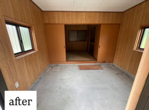 愛知県豊橋市での不用品回収後のガレージ。家具や自転車がすべて撤去され、スッキリとした空間に｜不用品回収縁