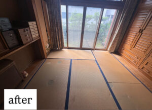 小牧市での不用品回収後の部屋。介護ベッドや布団が撤去され、畳の部屋がすっきり片付いた状態。