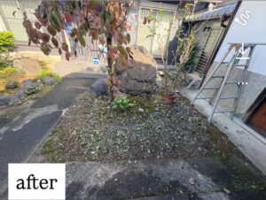 犬山市で倒木を伐採・回収して地面がきれいに整えられ、通路が見通しよくなった庭の様子